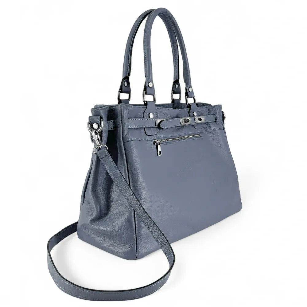 Sac cabas en cuir grainé JANET SILVER Bleu glacier