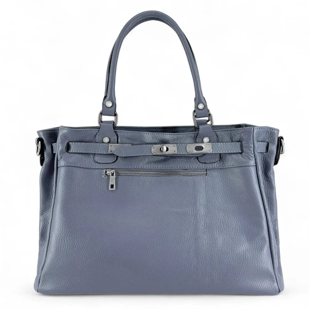 Sac cabas en cuir grainé JANET SILVER Bleu glacier