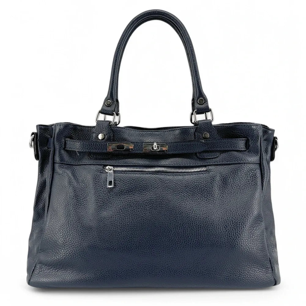 Sac cabas en cuir grainé JANET SILVER Bleu marine