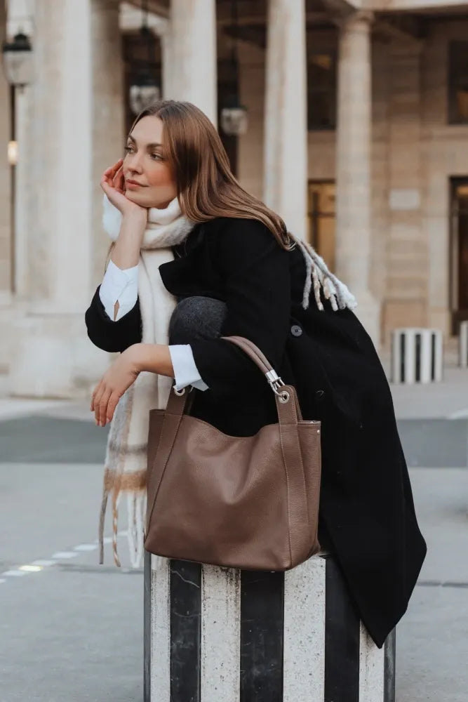 Sac cabas en cuir grainé PARIS Taupe foncé