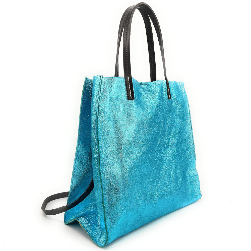 Sac cabas en cuir irisé SILVER Turquoise irisé