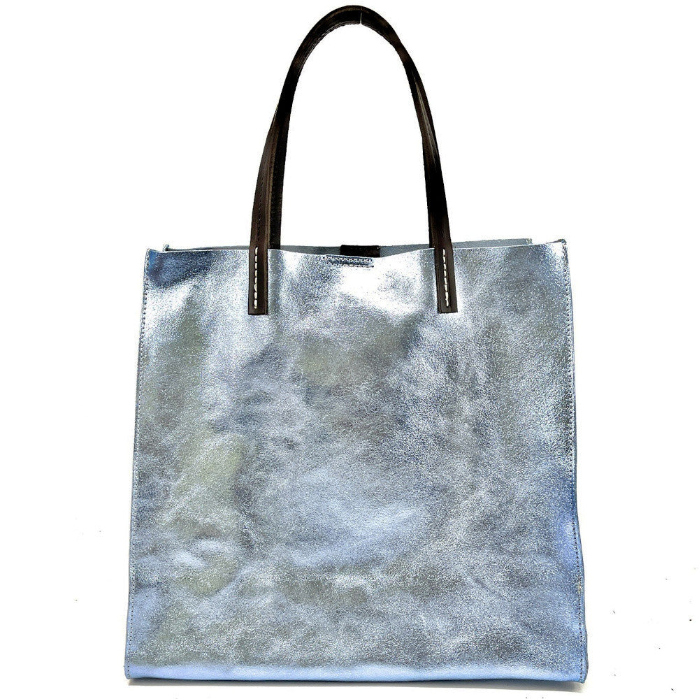 Sac cabas en cuir irisé SILVER Bleu pastel irisé