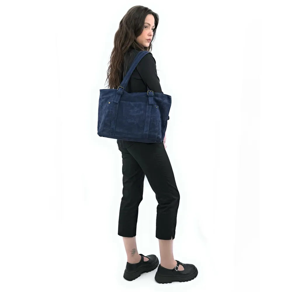 Sac cabas en croûte de cuir TOKYO Bleu marine