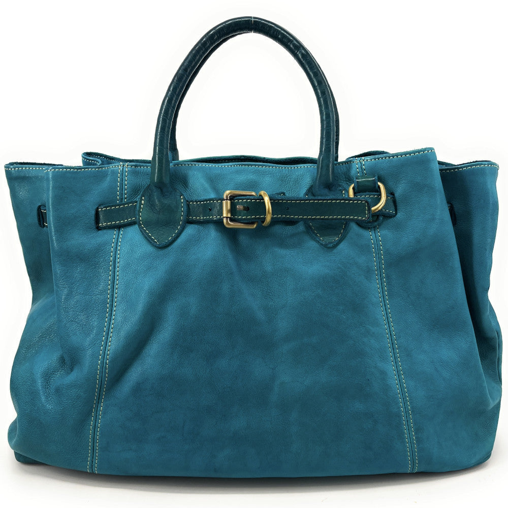 Grand sac cabas en cuir souple tannage végétal DEMETER Bleu vert canard