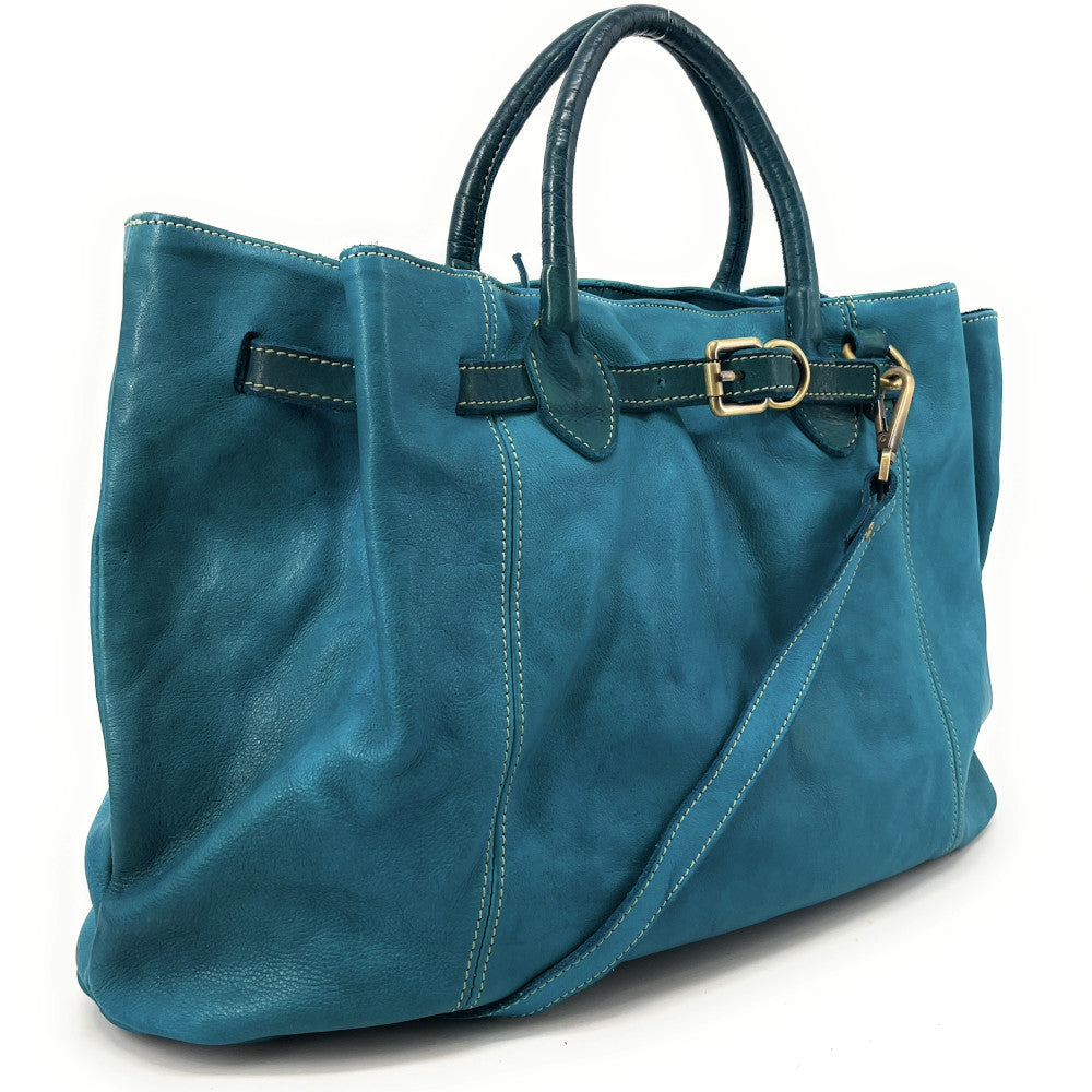 Grand sac cabas en cuir souple tannage végétal DEMETER Bleu vert canard