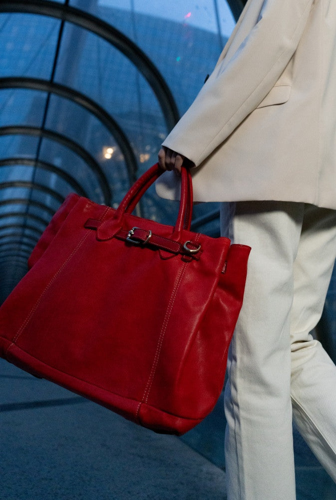 Grand sac cabas en cuir souple tannage végétal DEMETER Rouge garance