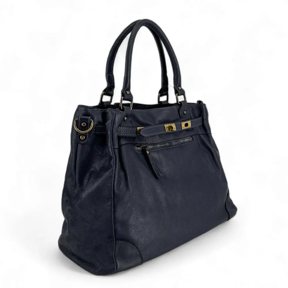 Sac cabas en cuir vintage MISS JEANNE Bleu marine