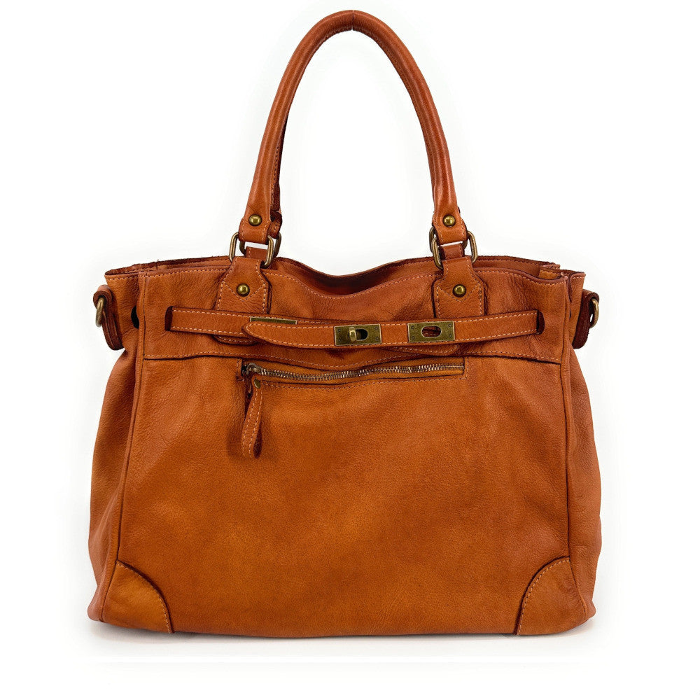 Sac cabas en cuir vintage MISS JEANNE Camel foncé