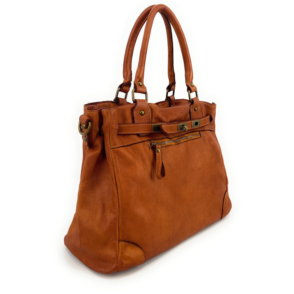 Sac cabas en cuir vintage MISS JEANNE Camel foncé