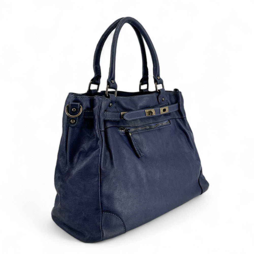 Sac cabas en cuir vintage MISS JEANNE Bleu profond