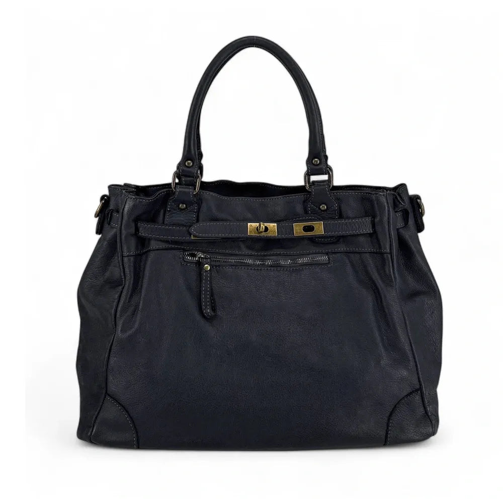 Sac cabas en cuir vintage MISS JEANNE Bleu marine