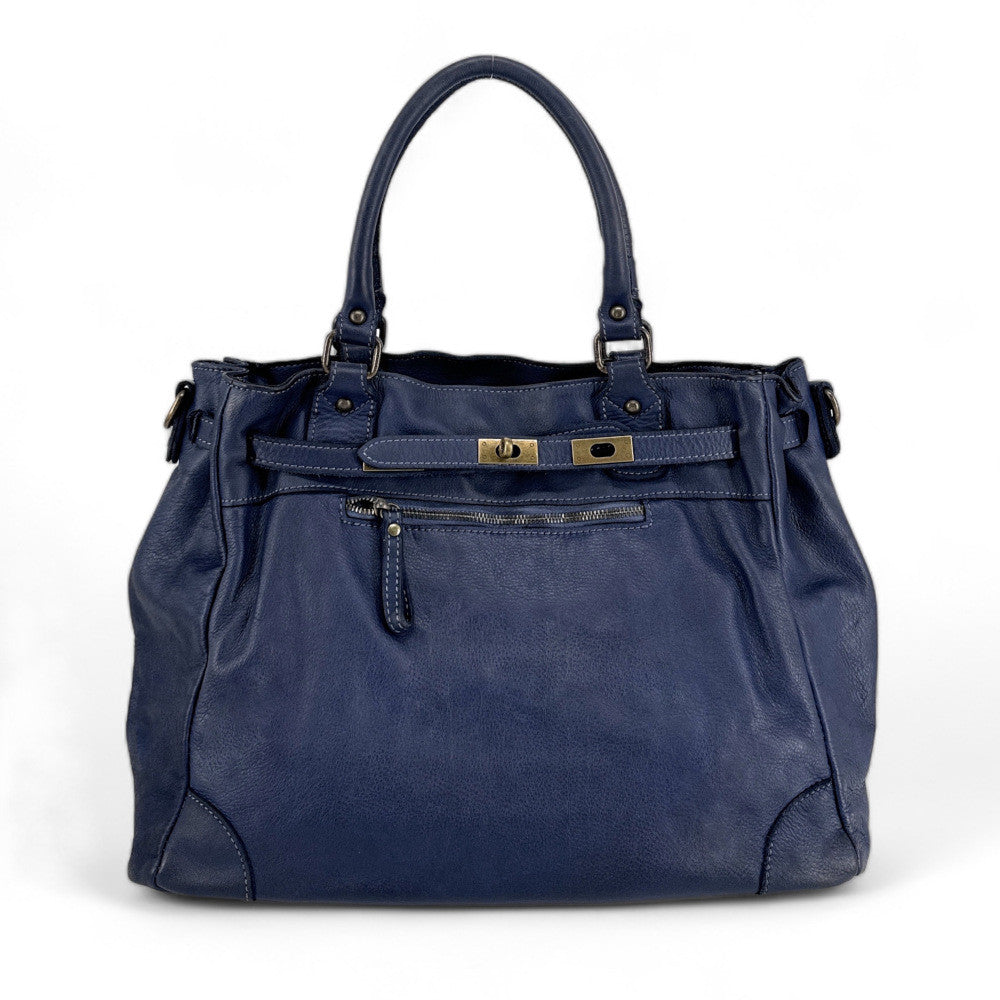 Sac cabas en cuir vintage MISS JEANNE Bleu profond