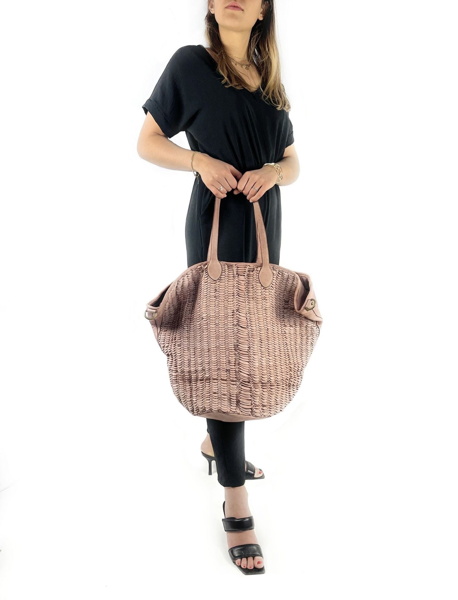 Sac cabas en cuir tressé vintage MISS SELAH Rose nude