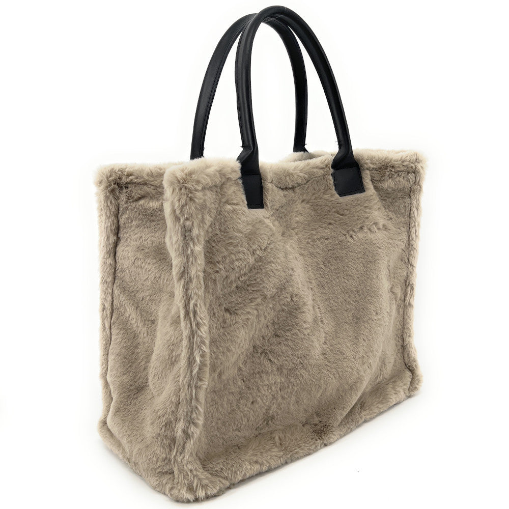 Sac cabas en fausse fourrure et cuir PILLOW Gris taupe clair