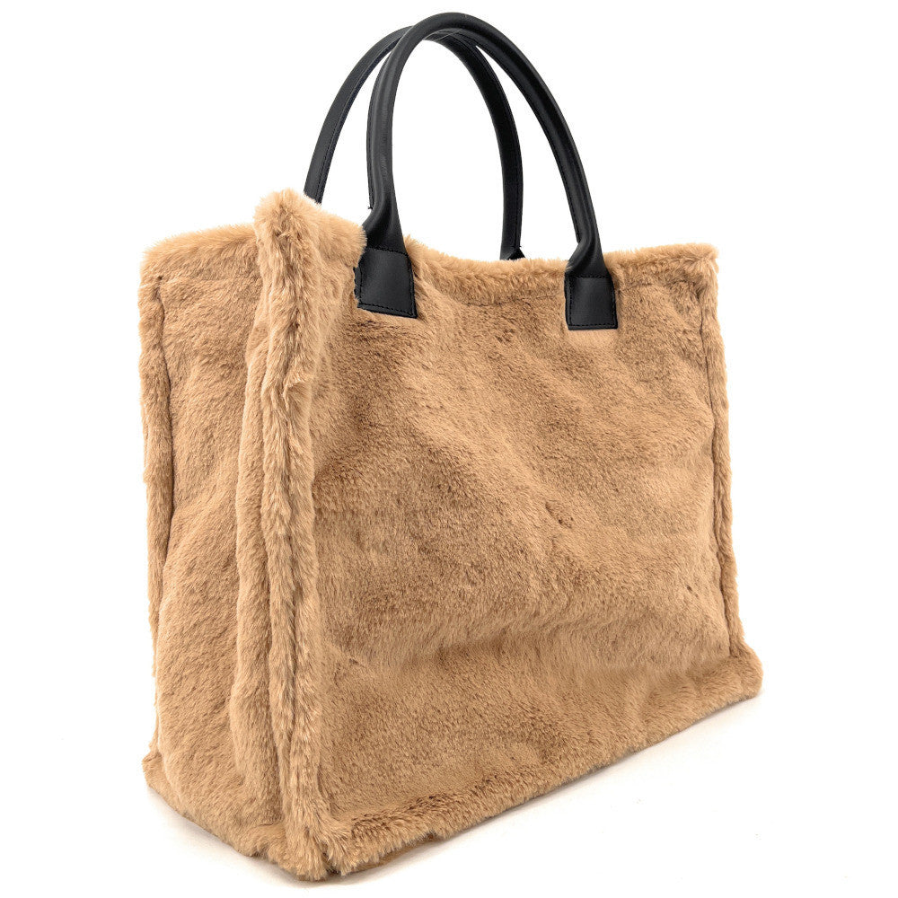 Sac cabas en fausse fourrure et cuir PILLOW Camel clair