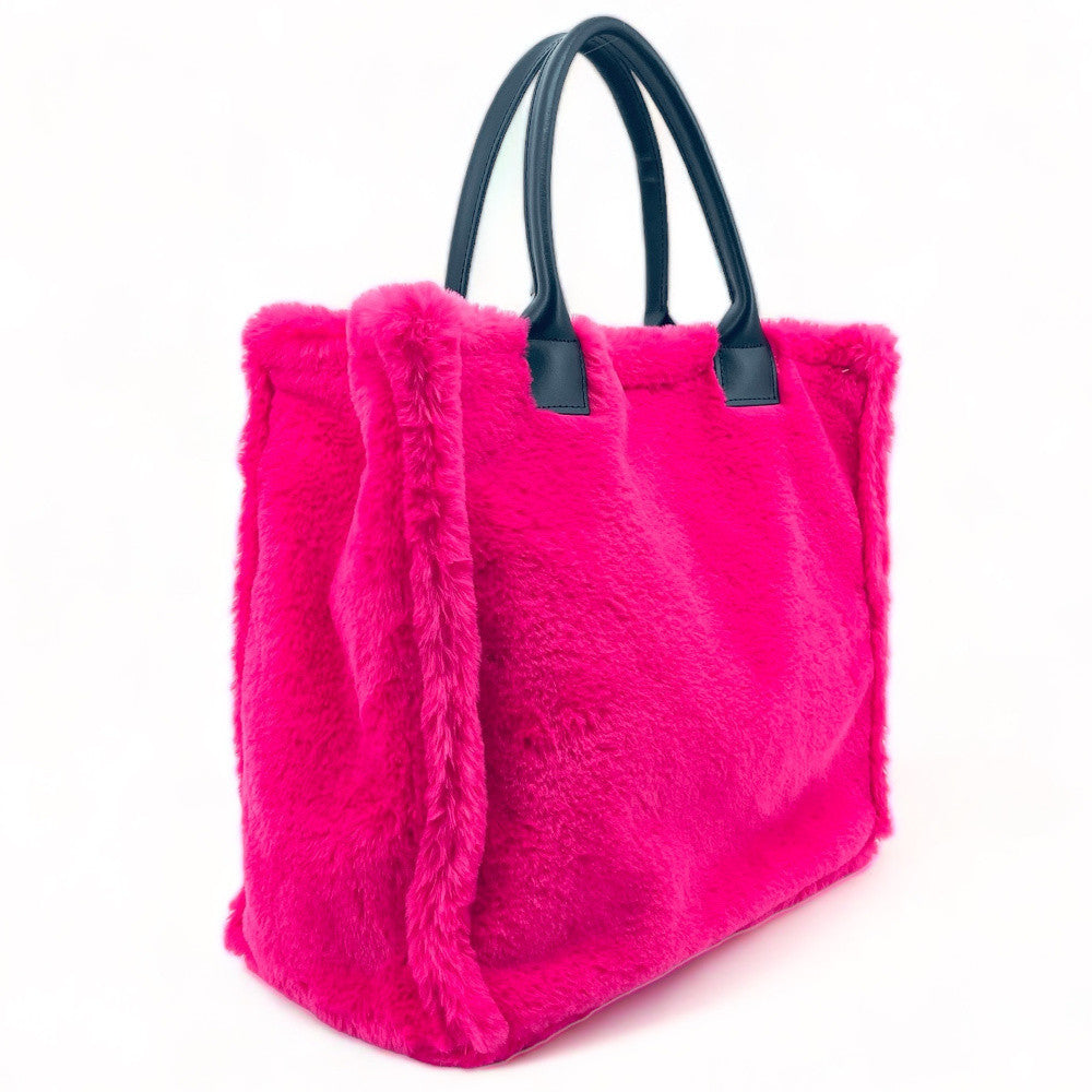 Sac cabas en fausse fourrure et cuir PILLOW Rose fuchsia