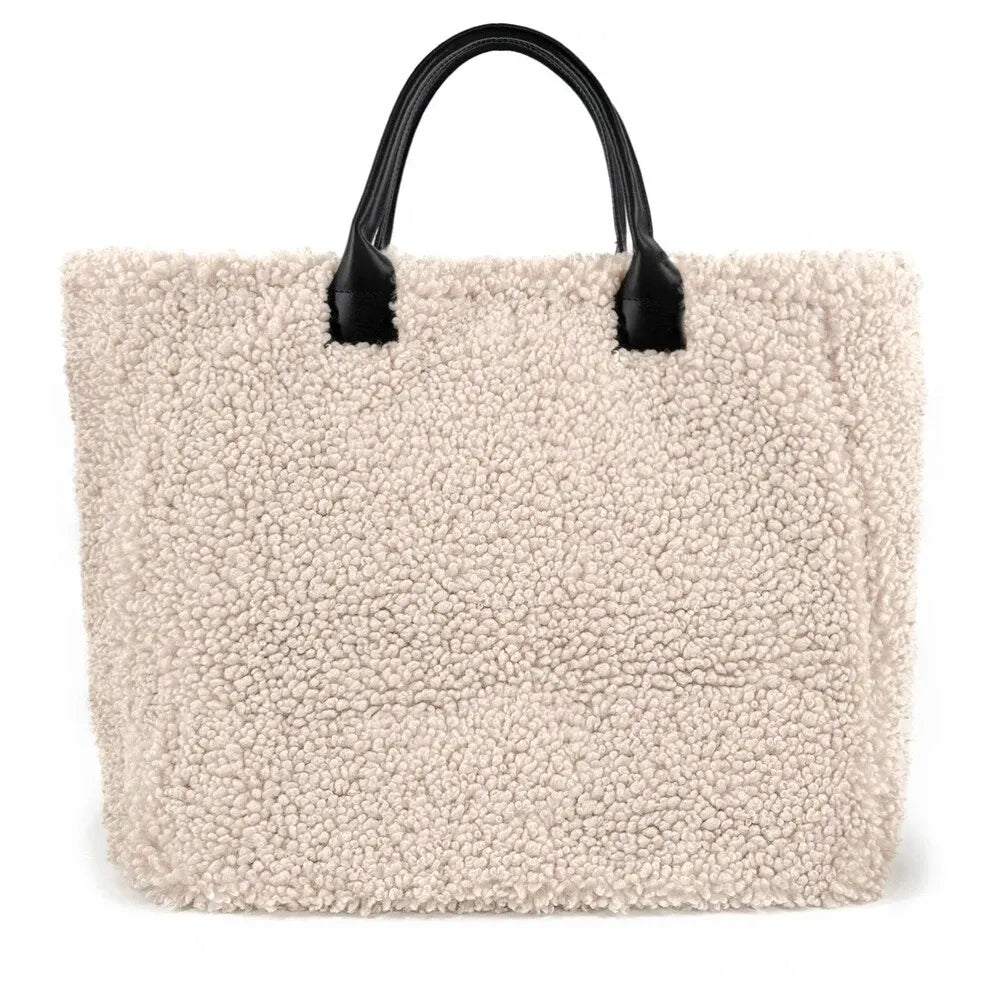 Sac cabas en cuir et peluche GRAND PILOU Beige crème