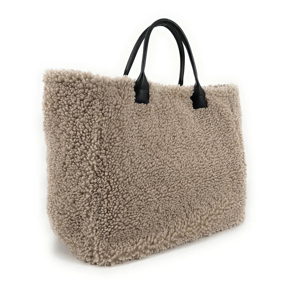 Sac cabas en cuir et peluche GRAND PILOU Taupe