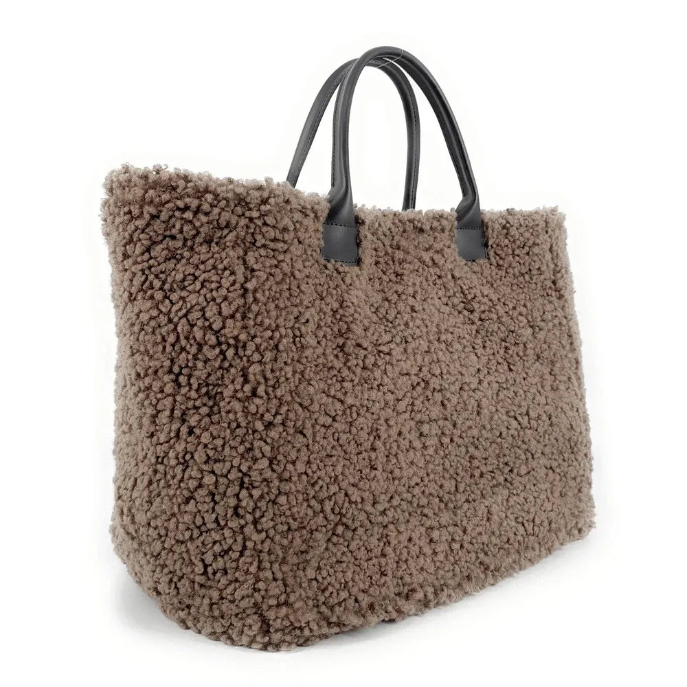 Sac cabas en cuir et peluche GRAND PILOU Taupe foncé