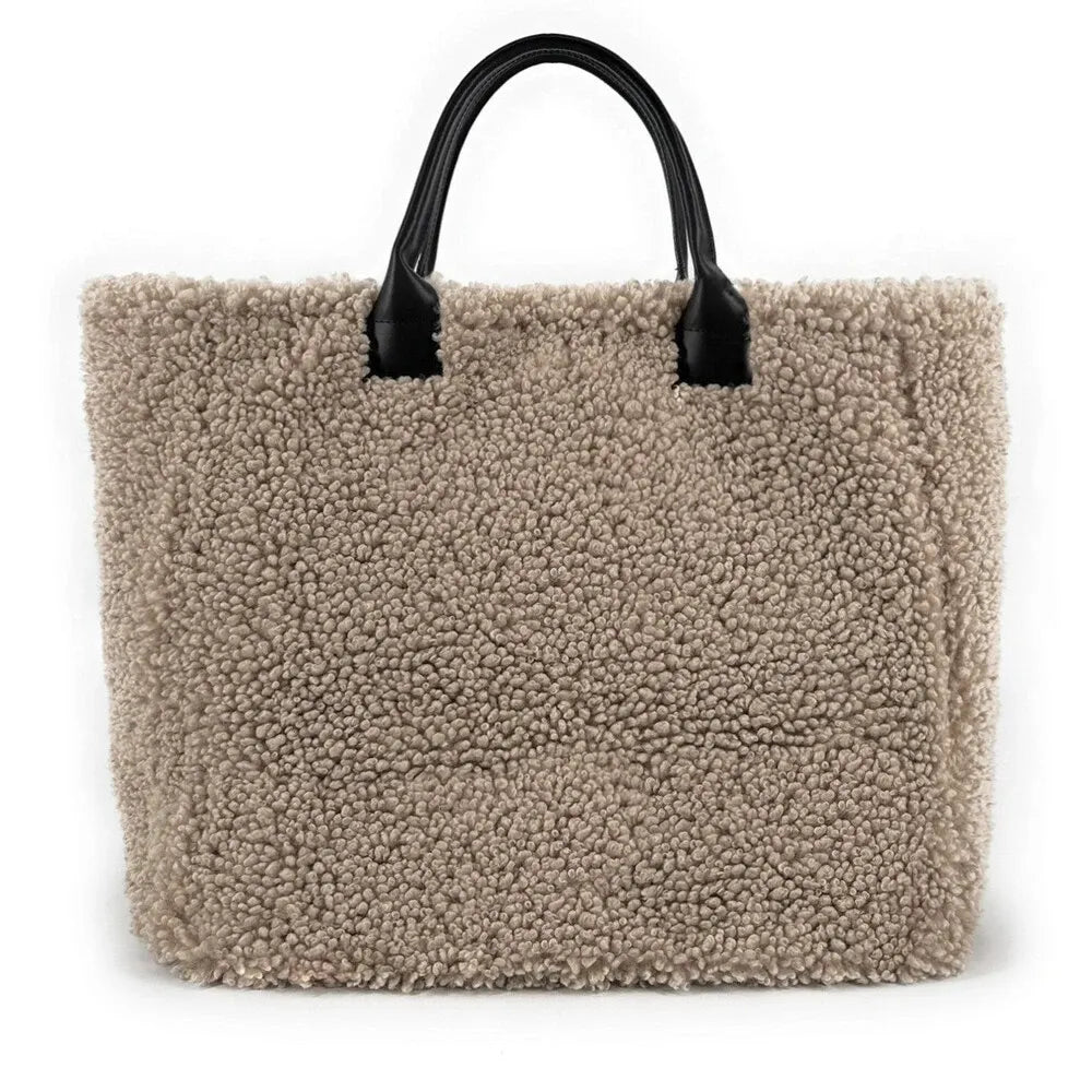 Sac cabas en cuir et peluche GRAND PILOU Taupe