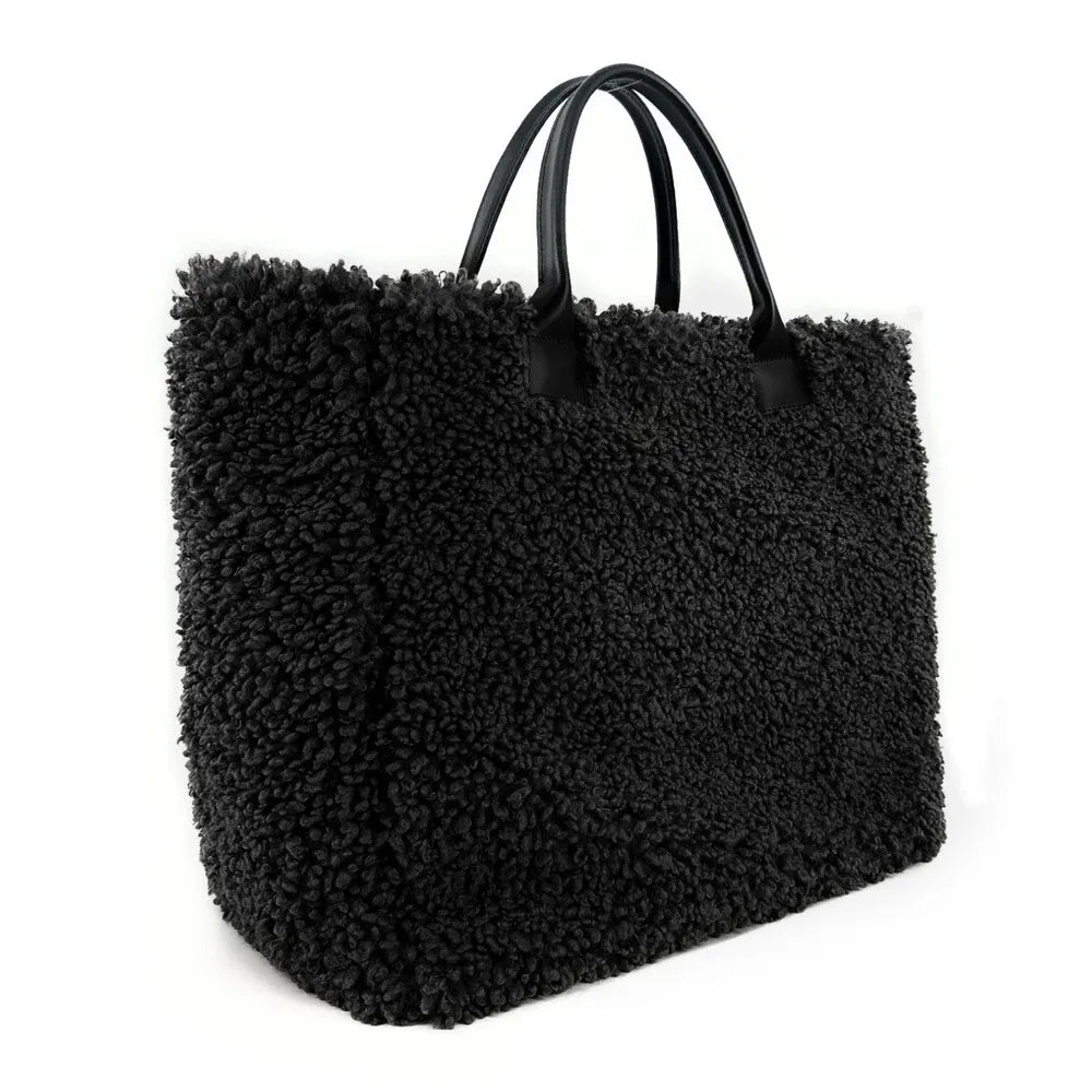 Sac cabas en cuir et peluche GRAND PILOU Noir