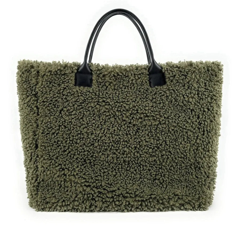 Sac cabas en cuir et peluche GRAND PILOU Kaki