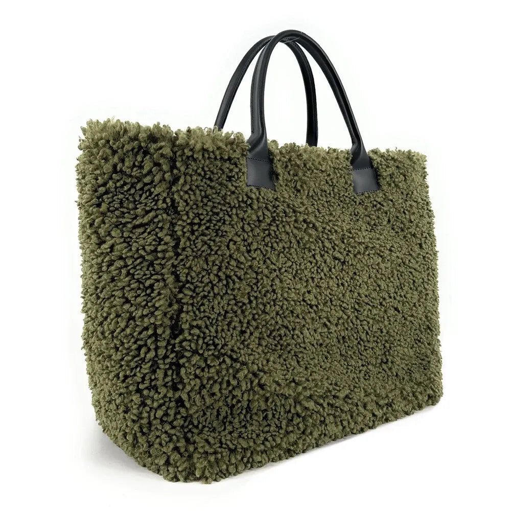Sac cabas en cuir et peluche GRAND PILOU Kaki