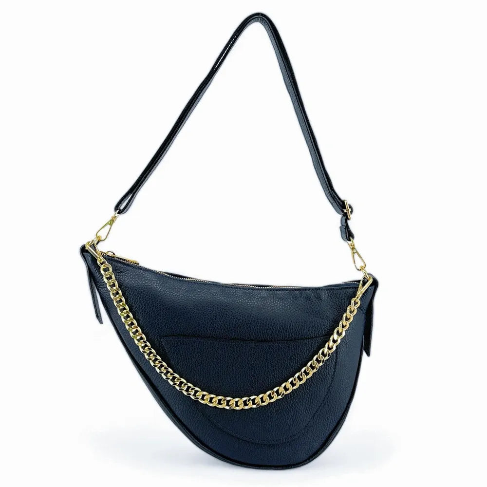Sac demi-lune en cuir grainé DIANE Bleu marine