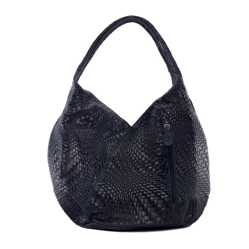 Sac HOBO en cuir embossé tressage MANDALAY Bleu marine