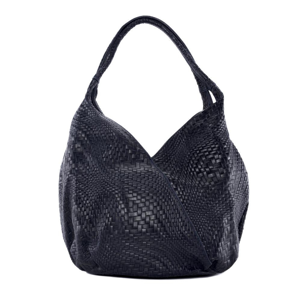 Sac HOBO en cuir embossé tressage MANDALAY Bleu marine