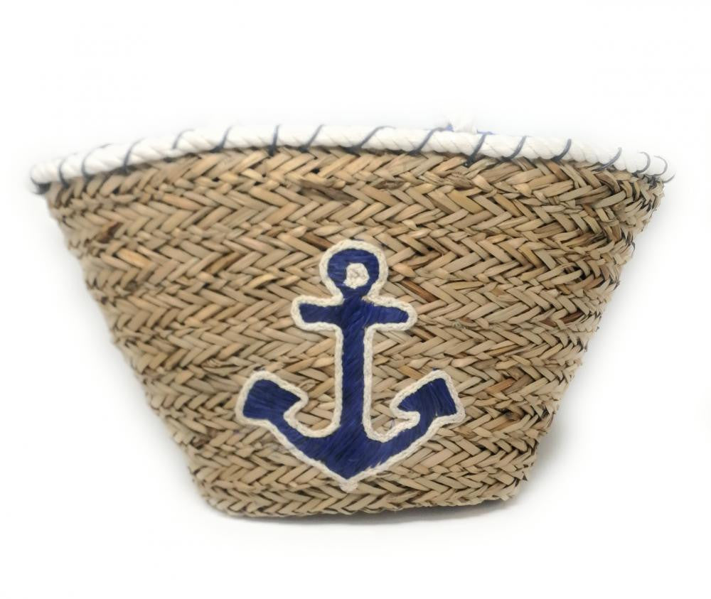 Panier de plage en paille avec ancre brodée PANIER ANCRE Bleu roi