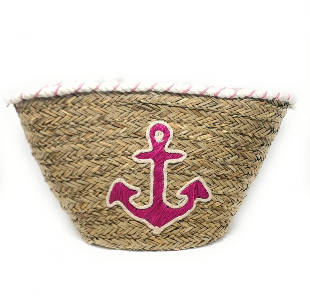 Panier de plage en paille avec ancre brodée PANIER ANCRE Rose nude