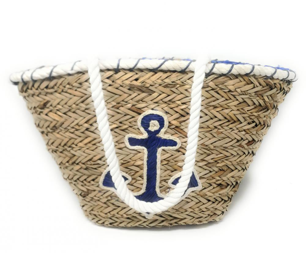 Panier de plage en paille avec ancre brodée PANIER ANCRE Bleu roi