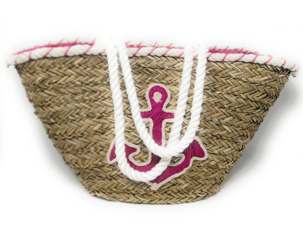 Panier de plage en paille avec ancre brodée PANIER ANCRE Rose nude