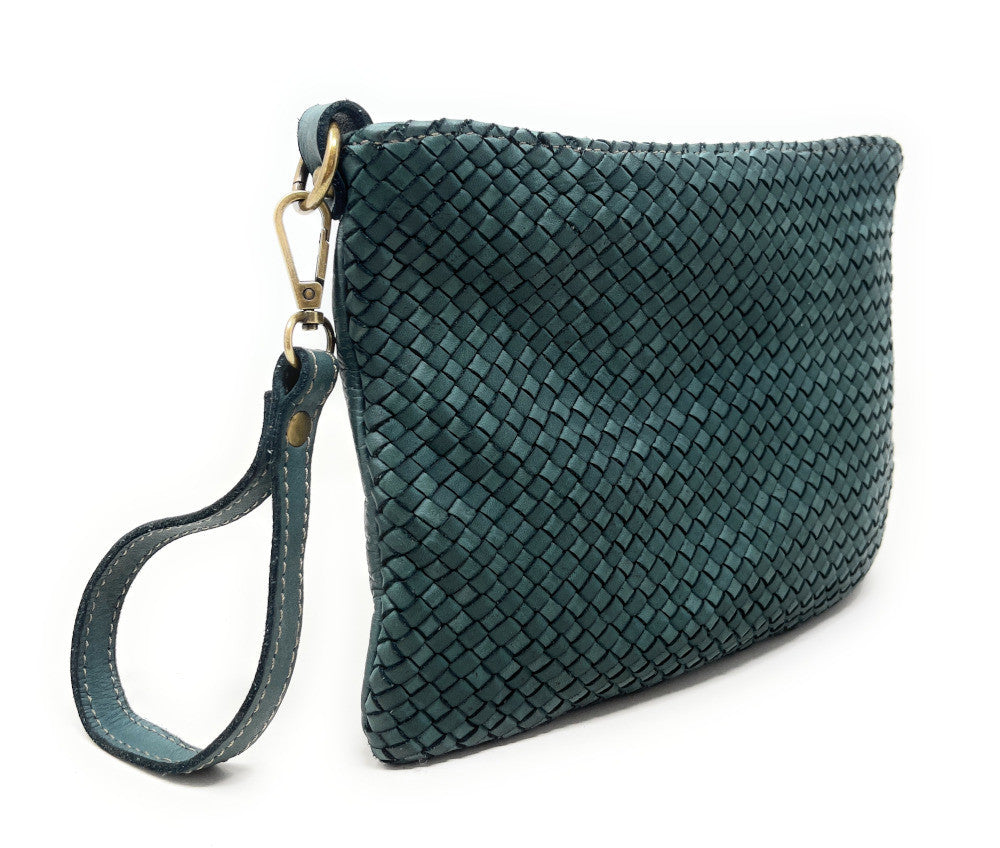 Sac pochette à bandoulière en cuir tressé MISS JOE Bleu vert canard