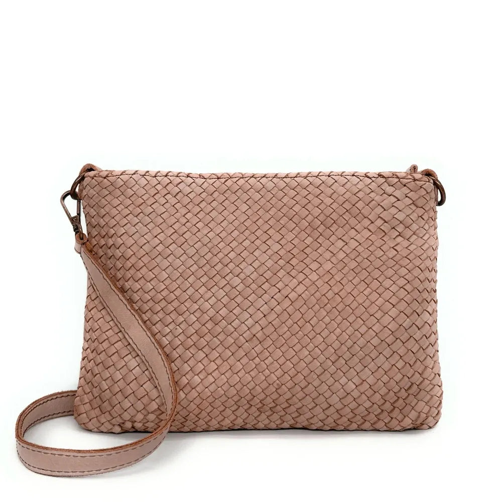 Sac pochette à bandoulière en cuir tressé MISS JOE Rose nude