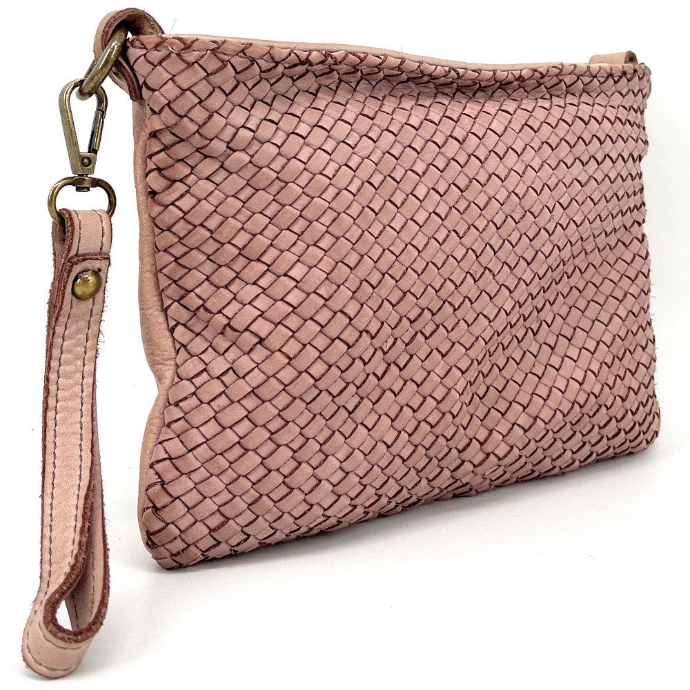 Sac pochette à bandoulière en cuir tressé MISS JOE Rose pâle