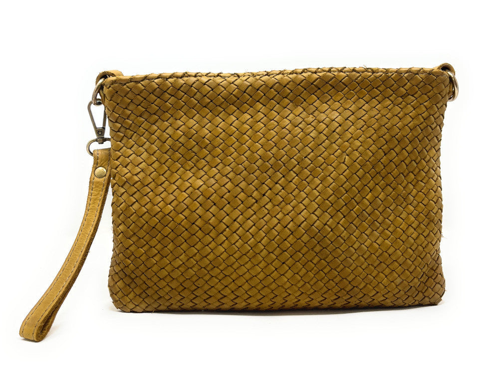 Sac pochette à bandoulière en cuir tressé MISS JOE Jaune Moutarde