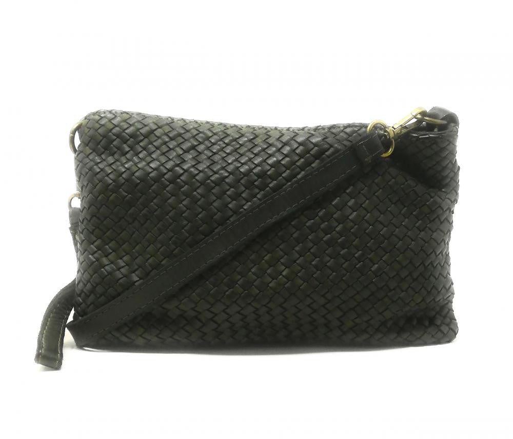 Sac pochette à bandoulière en cuir tressé MISS JOE Kaki