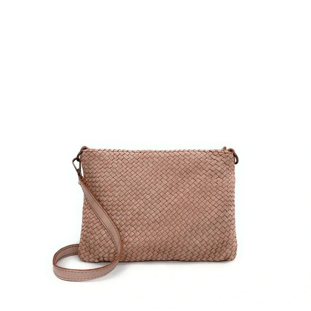 Sac pochette à bandoulière en cuir tressé MISS JOE Rose nude