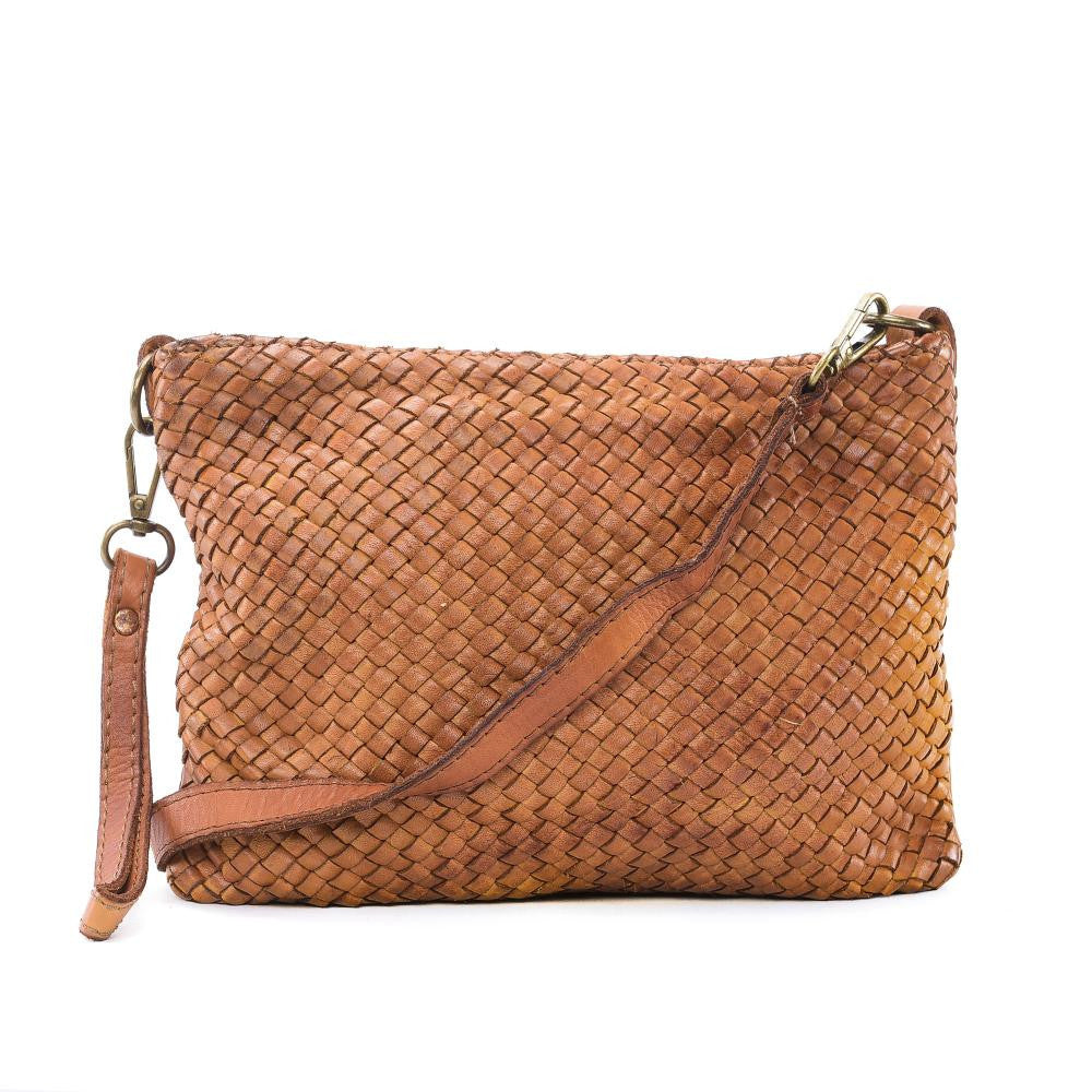 Sac pochette à bandoulière en cuir tressé MISS JOE Cognac