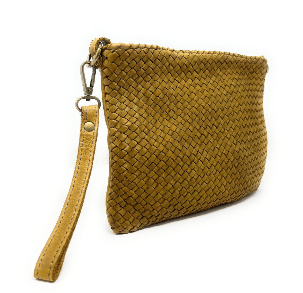 Sac pochette à bandoulière en cuir tressé MISS JOE Jaune Moutarde