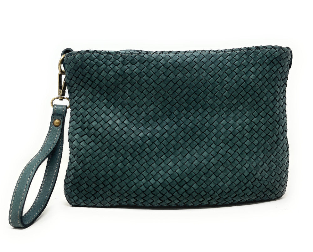 Sac pochette à bandoulière en cuir tressé MISS JOE Bleu vert canard