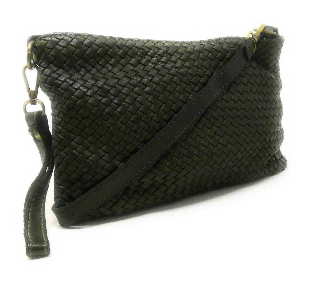 Sac pochette à bandoulière en cuir tressé MISS JOE Kaki