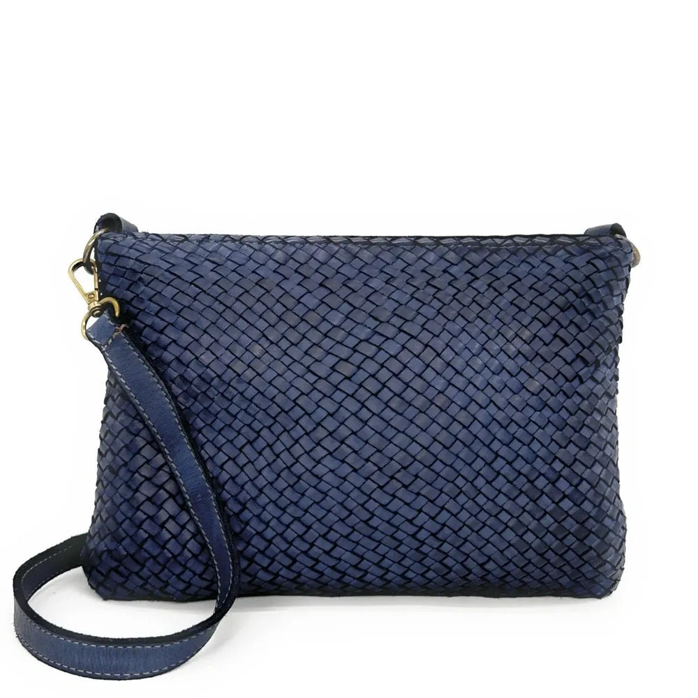 Sac pochette à bandoulière en cuir tressé MISS JOE Bleu marine
