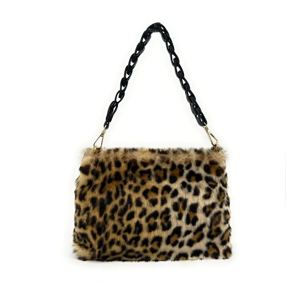 Sac pochette en cuir et fausse fourrure SHURI Léopard