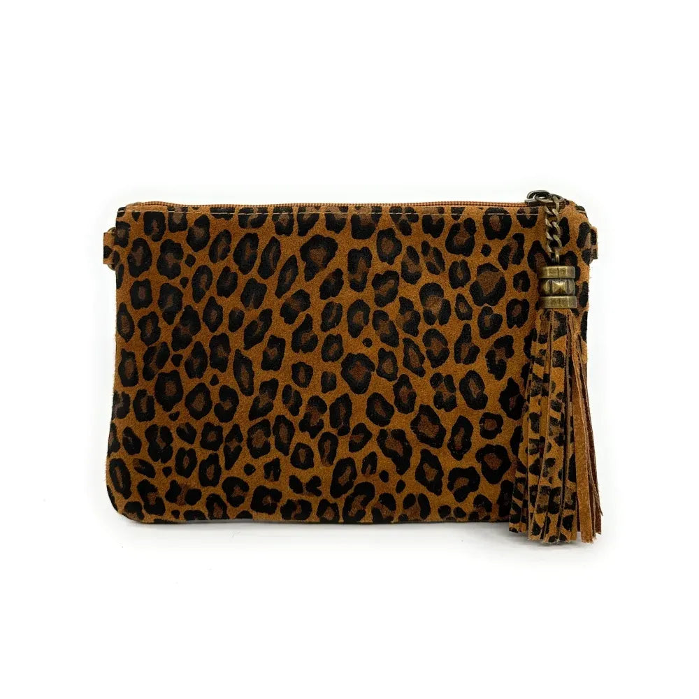 Sac pochette en croûte de cuir à motif MORGANE JUNGLE Léopard camel