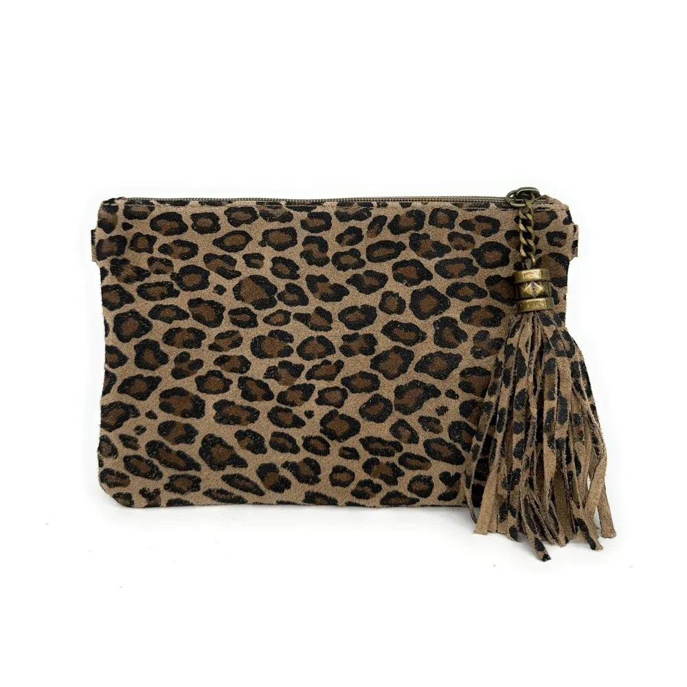 Sac pochette en croûte de cuir à motif MORGANE JUNGLE Léopard taupe foncé
