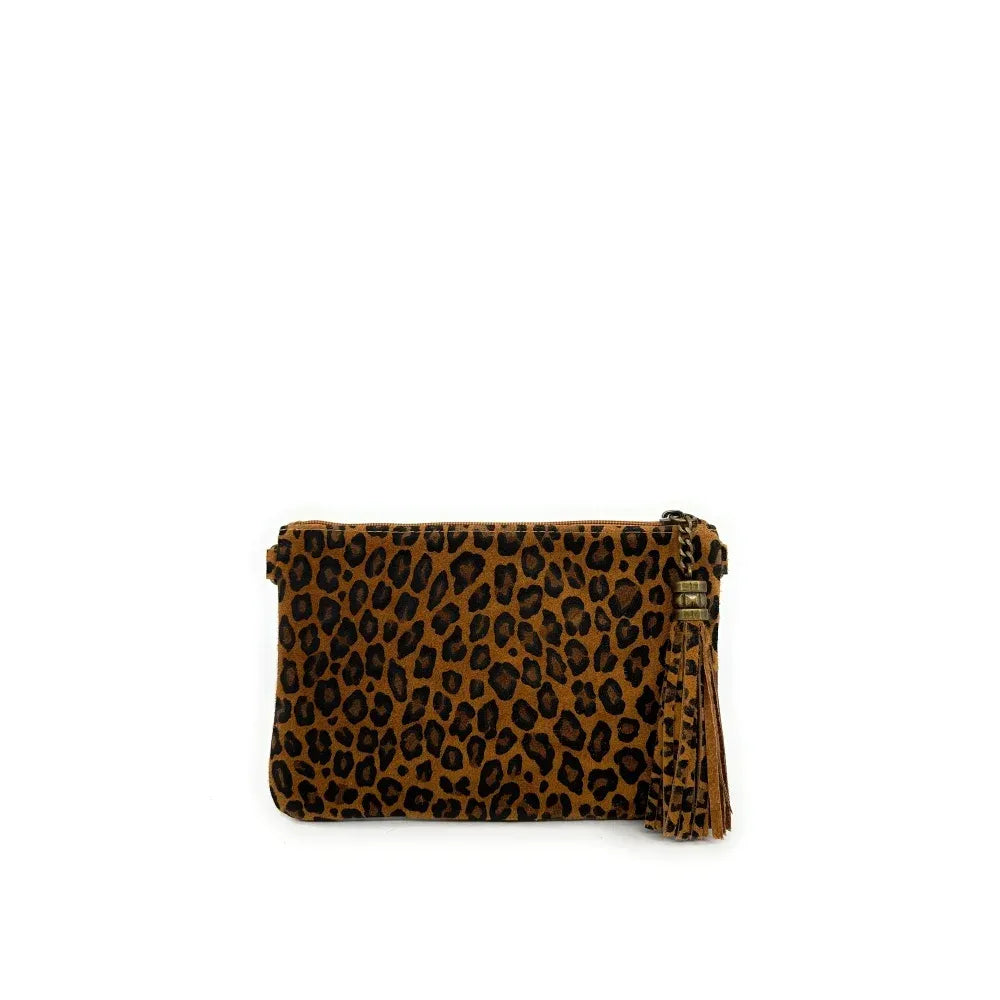 Sac pochette en croûte de cuir à motif MORGANE JUNGLE Léopard camel