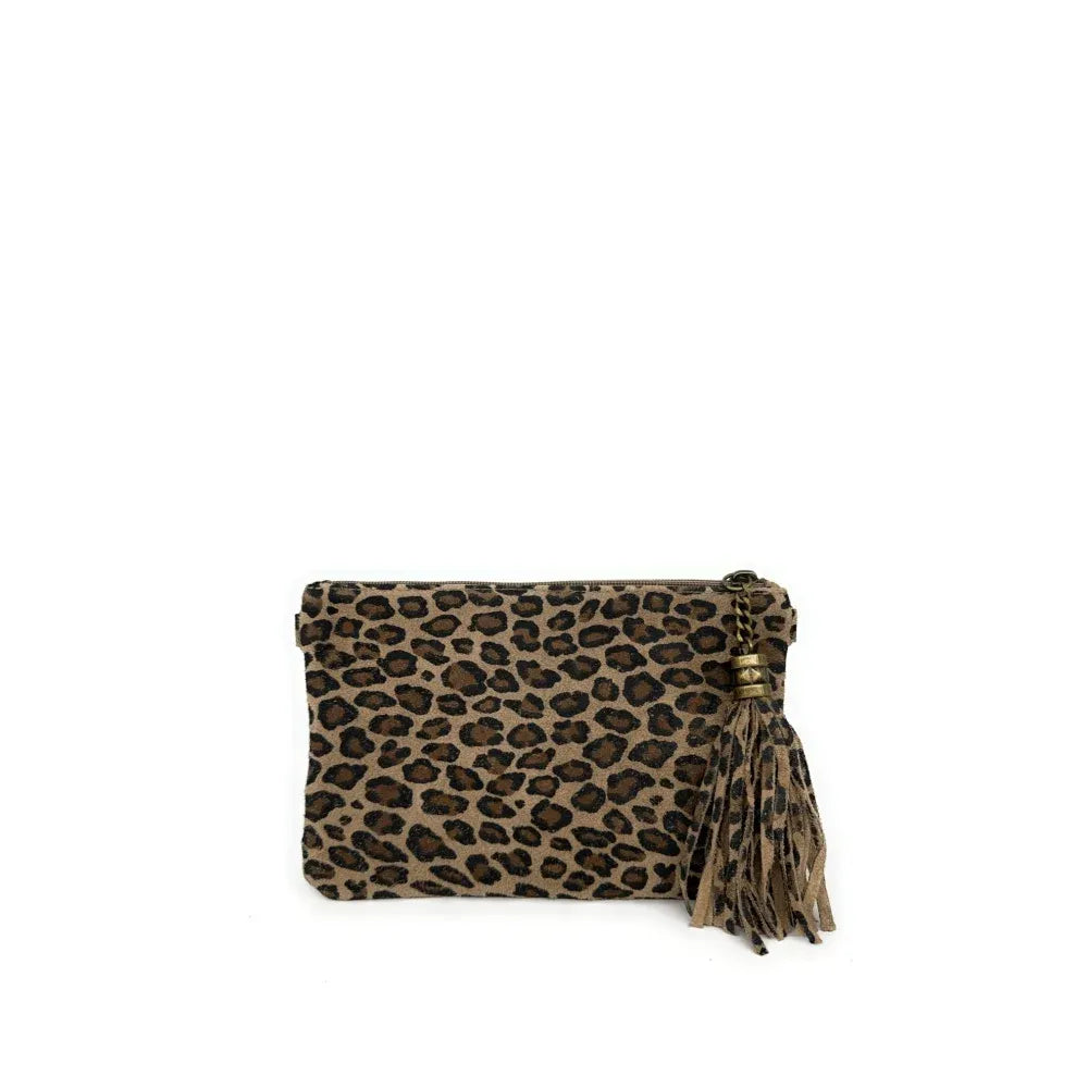 Sac pochette en croûte de cuir à motif MORGANE JUNGLE Léopard taupe foncé